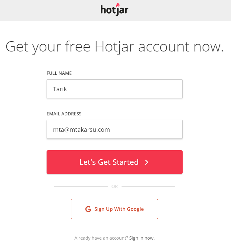 Hotjar Kayıt Olma